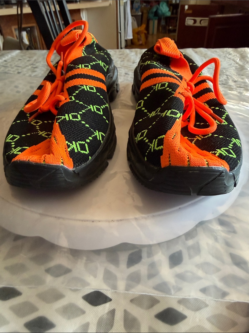 Neon Orange & Black Knit Slip-On Women's Sneakers